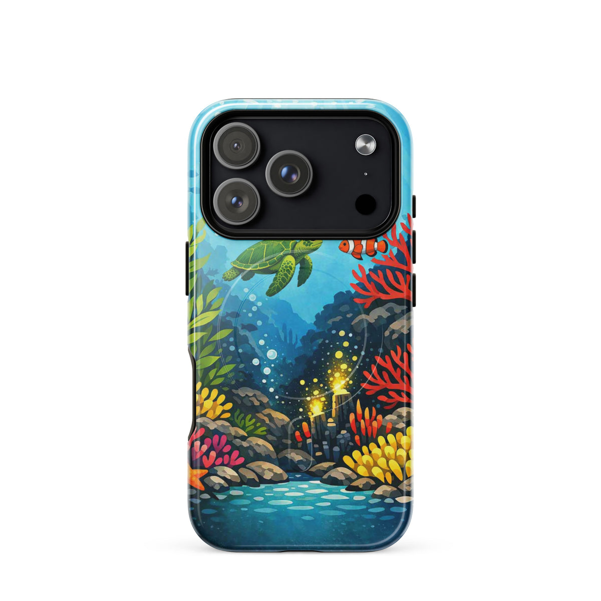 Magnetic Phone Case with vibrant sea turtle and coral reef design for iPhone, marine life inspired cover, ocean-themed protection