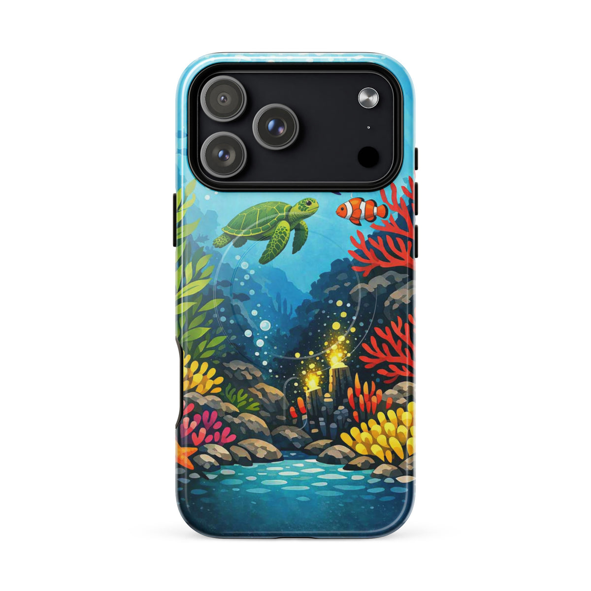 Magnetic Phone Case with vibrant sea turtle and coral reef design for iPhone, featuring colorful marine life and underwater artistry.