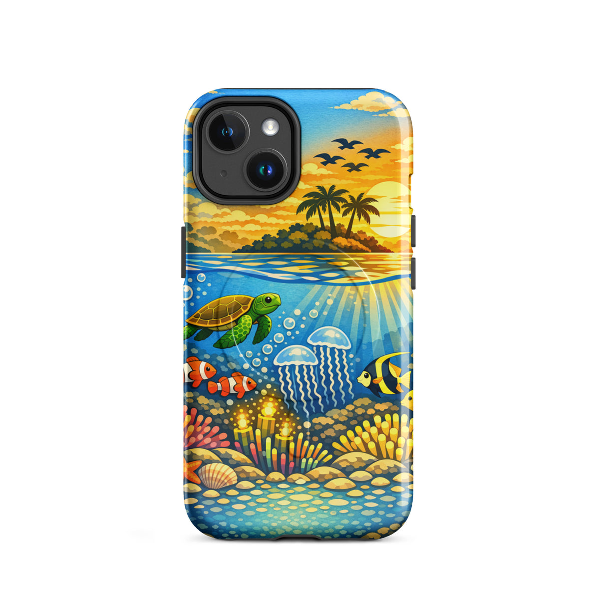 Magnetic Phone Case with tropical sunset, underwater reef, sea turtles, clownfish, jellyfish, and coral design for iPhone.