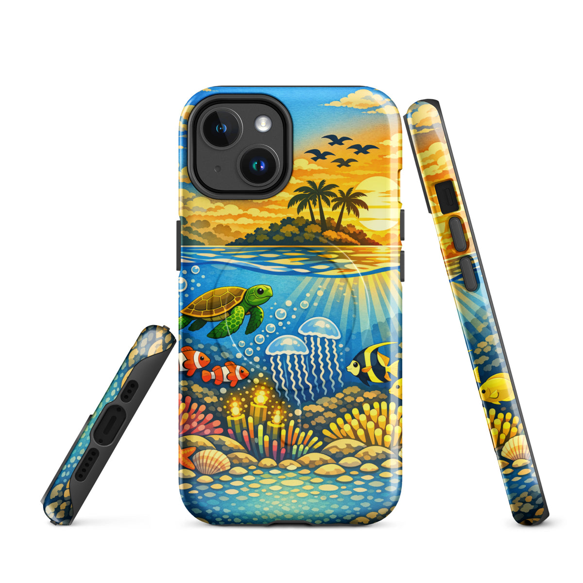 Magnetic Phone Case featuring tropical sunset with palm island and vibrant underwater reef with sea turtles and coral.