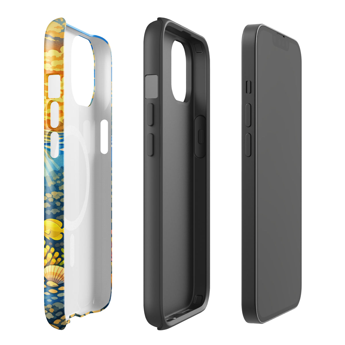 Magnetic Phone Case for iPhone with tropical sunset and underwater reef design, featuring vibrant marine life and island sunset scene.