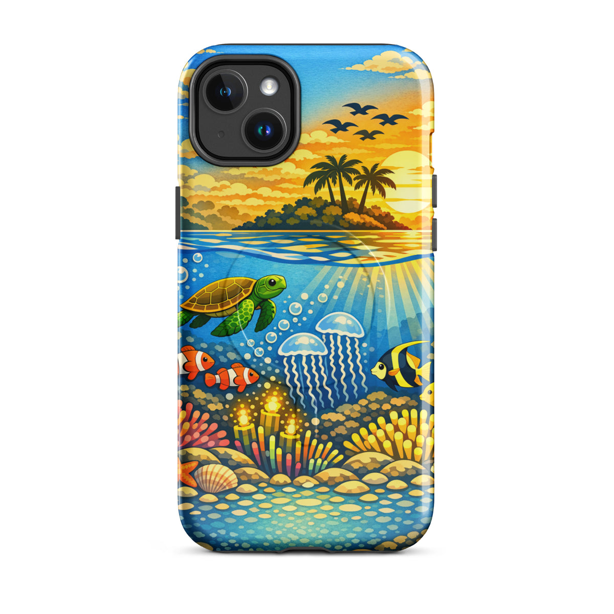 Magnetic Phone Case for iPhone featuring tropical sunset and vibrant underwater reef scene with sea turtles and coral.