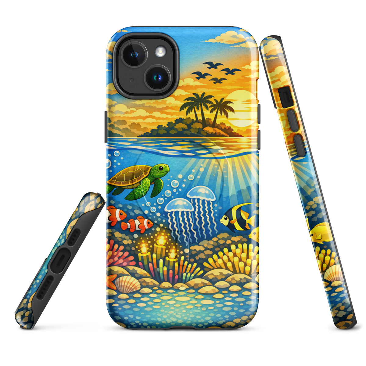 Magnetic Phone Case for iPhone featuring tropical sunset and underwater reef with sea turtles and coral.