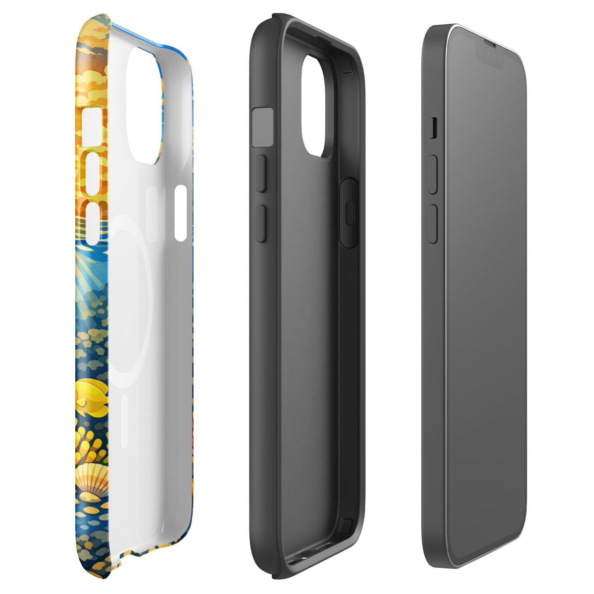 Magnetic Phone Case with tropical sunset and underwater reef design for iPhone, featuring sea turtles, clownfish, and coral.