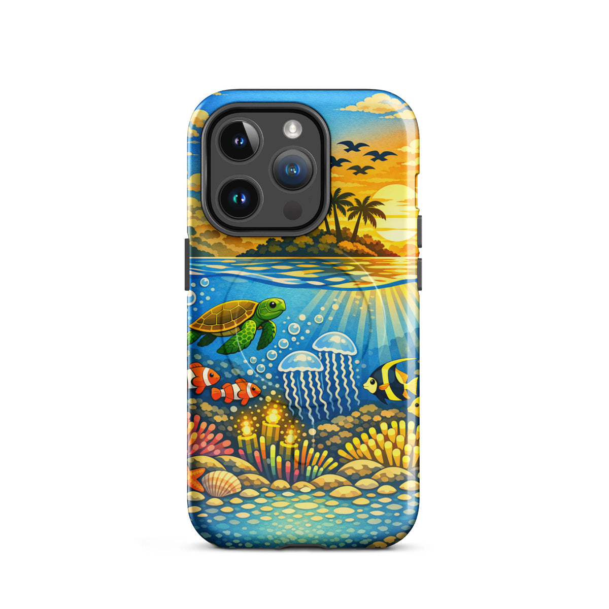 Magnetic Phone Case with tropical sunset, palm island, underwater reef with sea turtles, clownfish, jellyfish, and coral for iPhone.