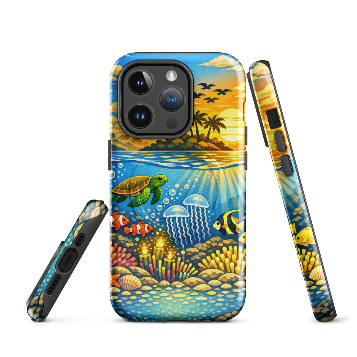 Magnetic Phone Case for iPhone with tropical sunset and underwater reef, featuring turtles and coral design.