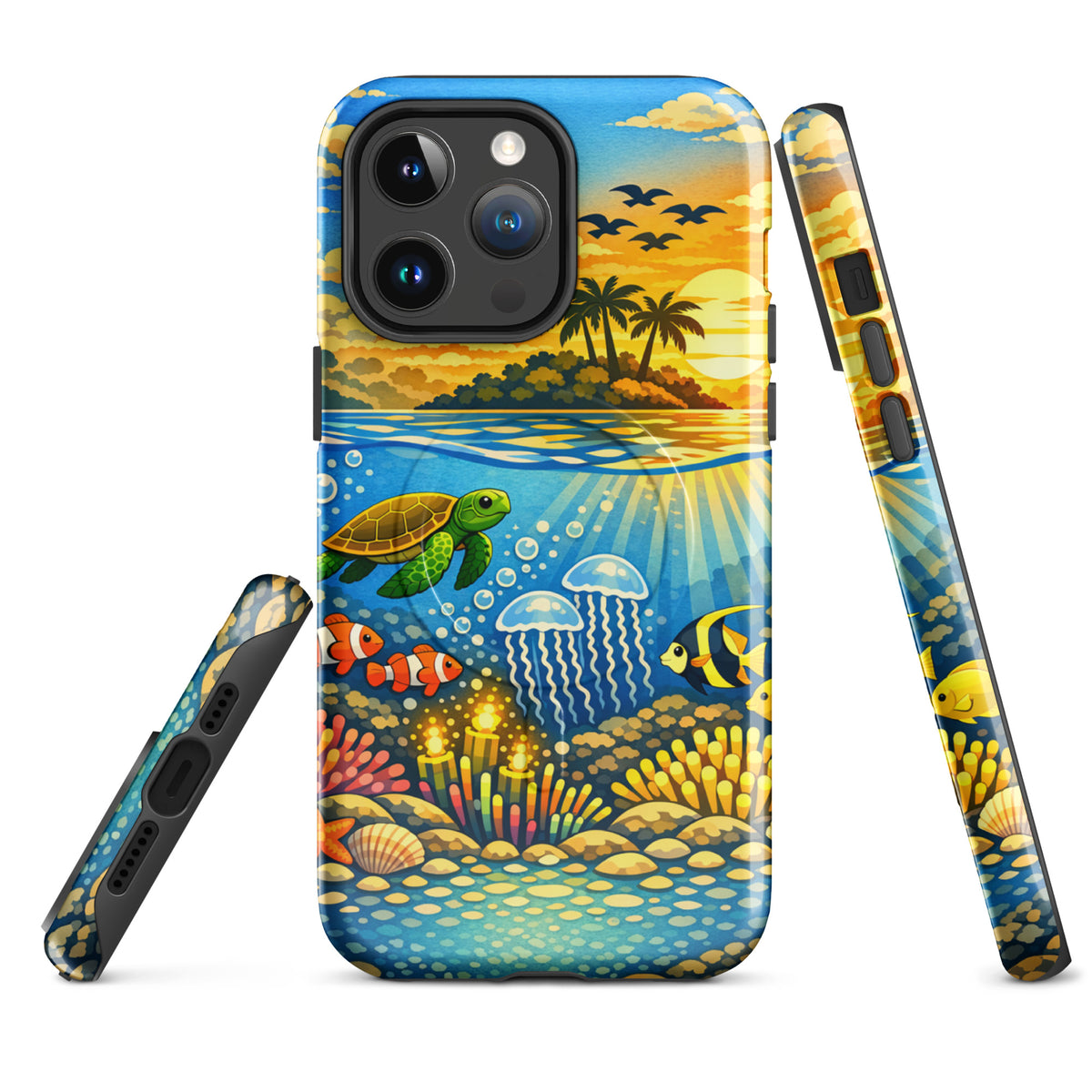 Magnetic Phone Case with tropical sunset, underwater reef, sea turtles, clownfish, and coral design for iPhone.