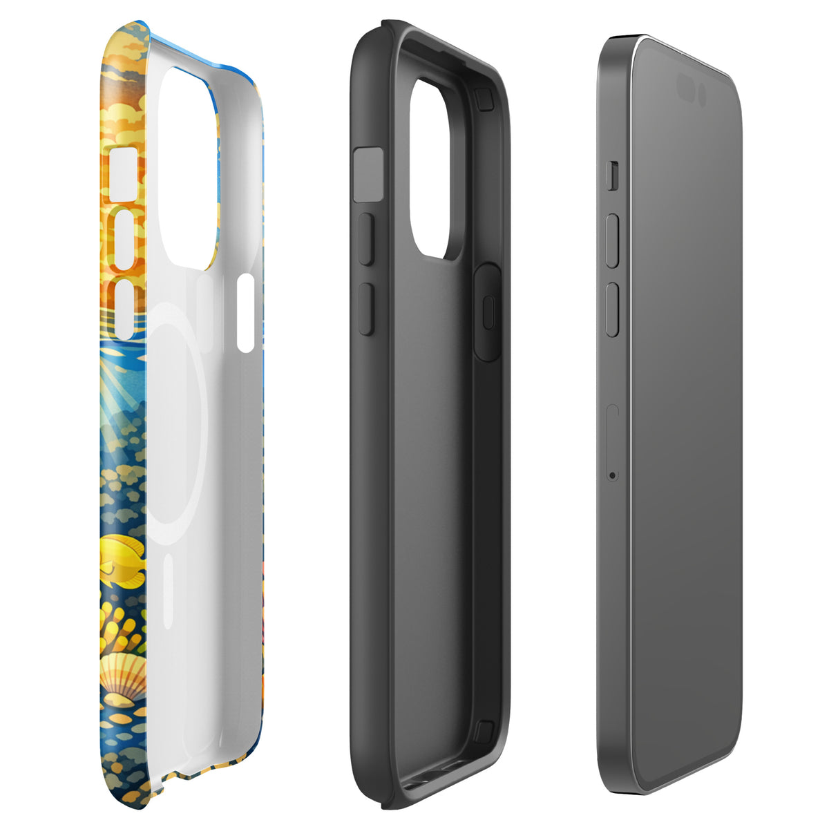 Magnetic Phone Case for iPhone with Tropical Sunset and Underwater Reef design showing sea turtles and coral.