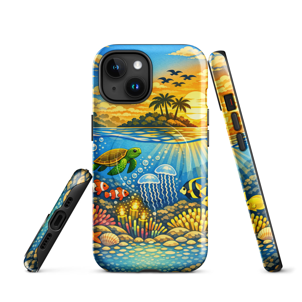 Magnetic Phone Case with tropical sunset and underwater reef design for iPhone featuring sea turtles and vibrant coral.