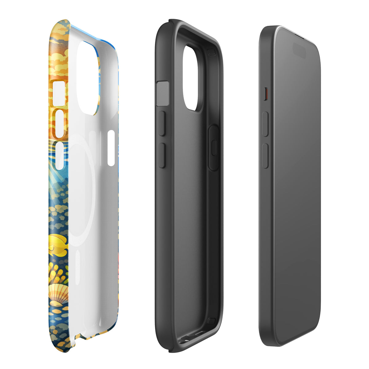 Magnetic Phone Case for iPhone featuring tropical sunset and underwater reef design with sea turtles and coral.