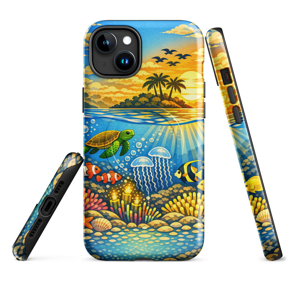 Magnetic Phone Case for iPhone with tropical sunset and underwater reef scene featuring turtles, clownfish, jellyfish, and coral.