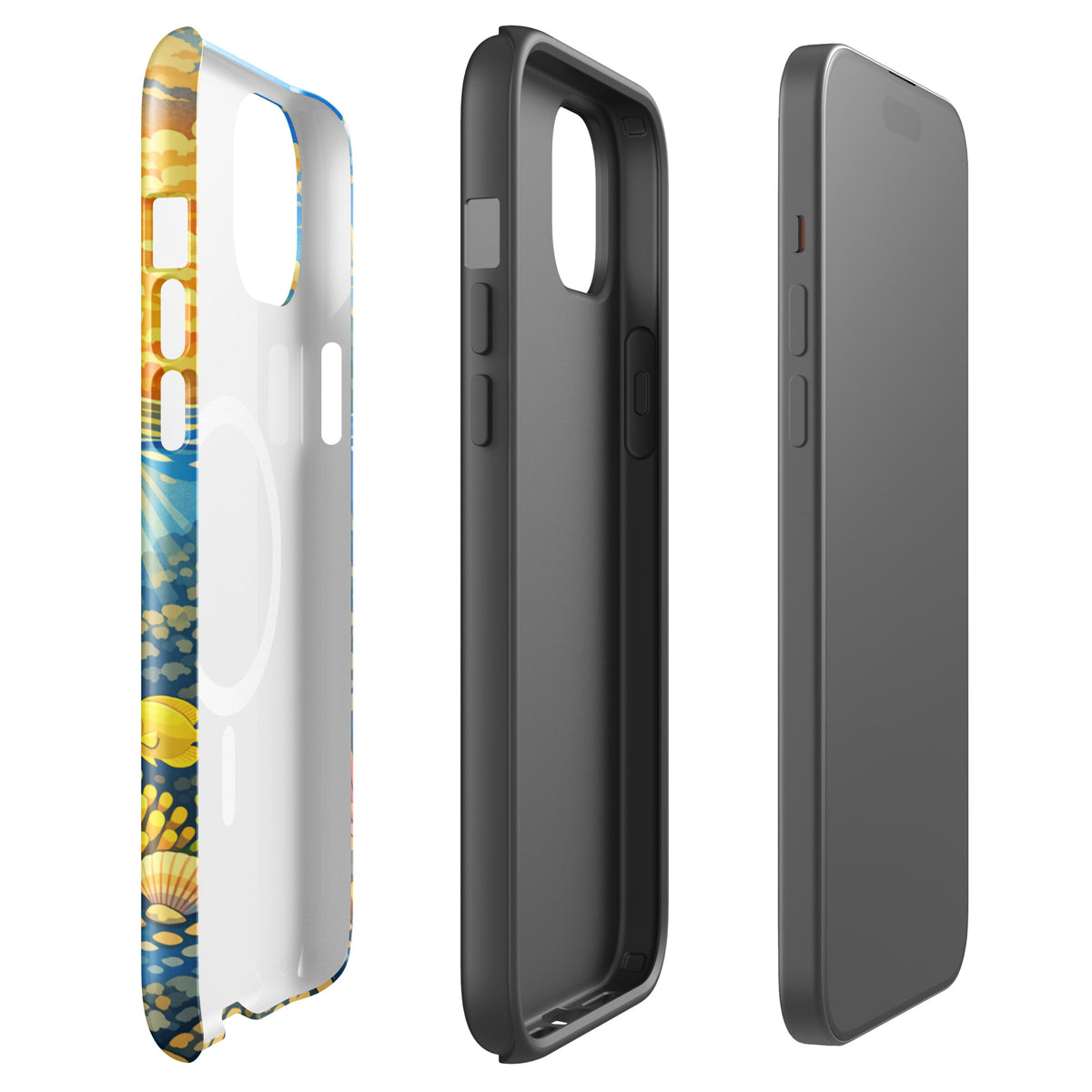 Magnetic Phone Case with tropical sunset and underwater reef design for iPhone.