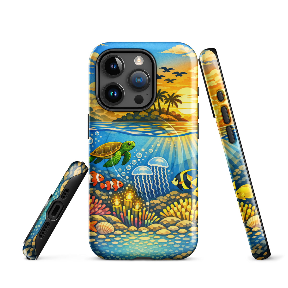 Magnetic Phone Case for iPhone depicting tropical sunset and colorful underwater reef with sea turtles, clownfish, and coral.