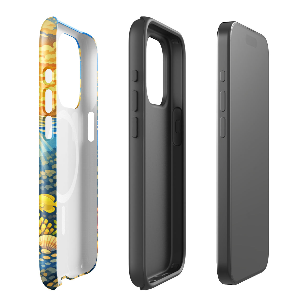 Magnetic Phone Case for iPhone with tropical sunset and underwater reef design, showcasing sea life and vibrant colors.