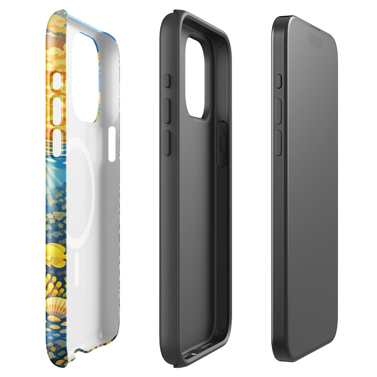 Magnetic Phone Case with tropical sunset and underwater reef design for iPhone, featuring sea turtles and vibrant coral illustration.