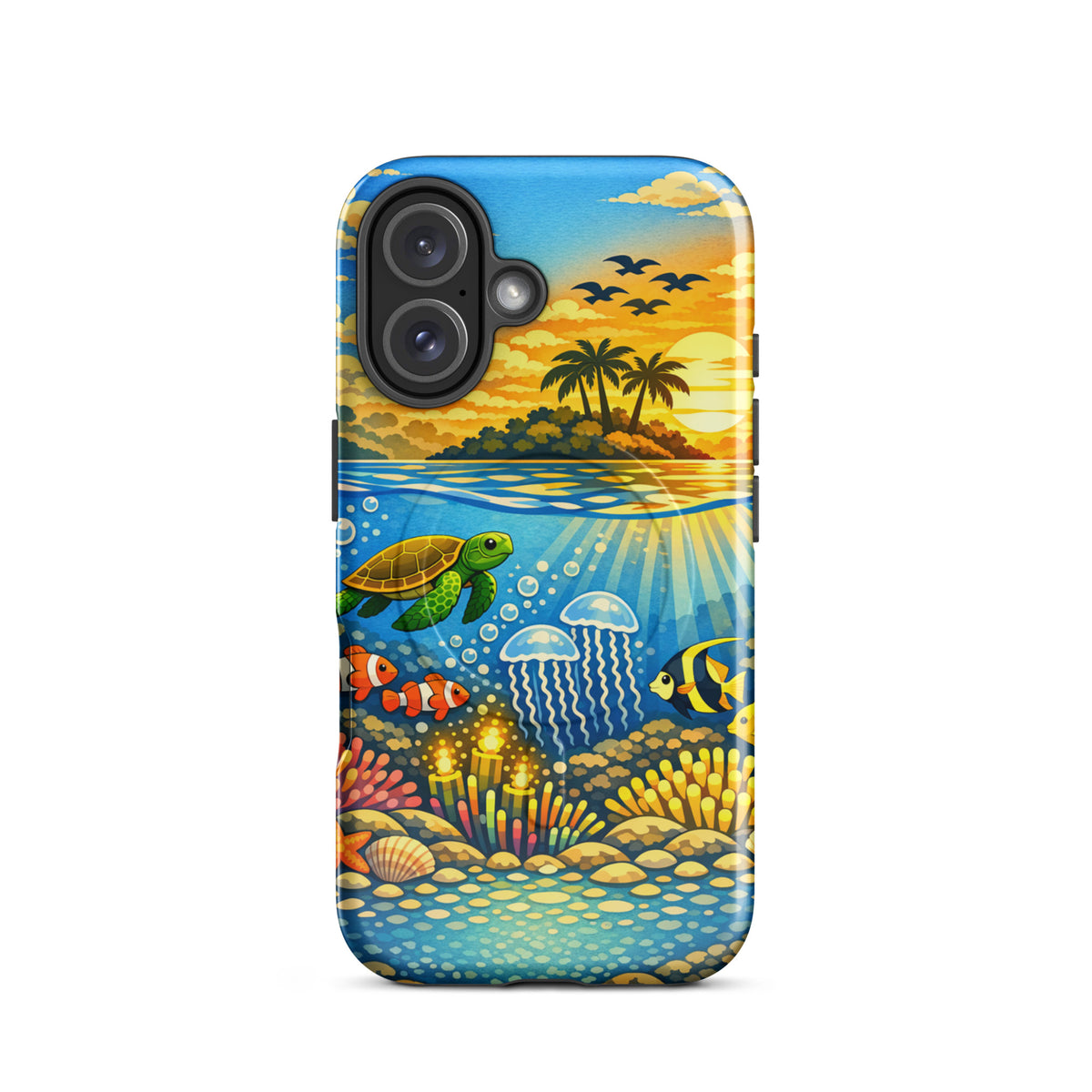 Magnetic Phone Case with tropical sunset and underwater reef design featuring palm trees, sea turtles, clownfish, and coral.