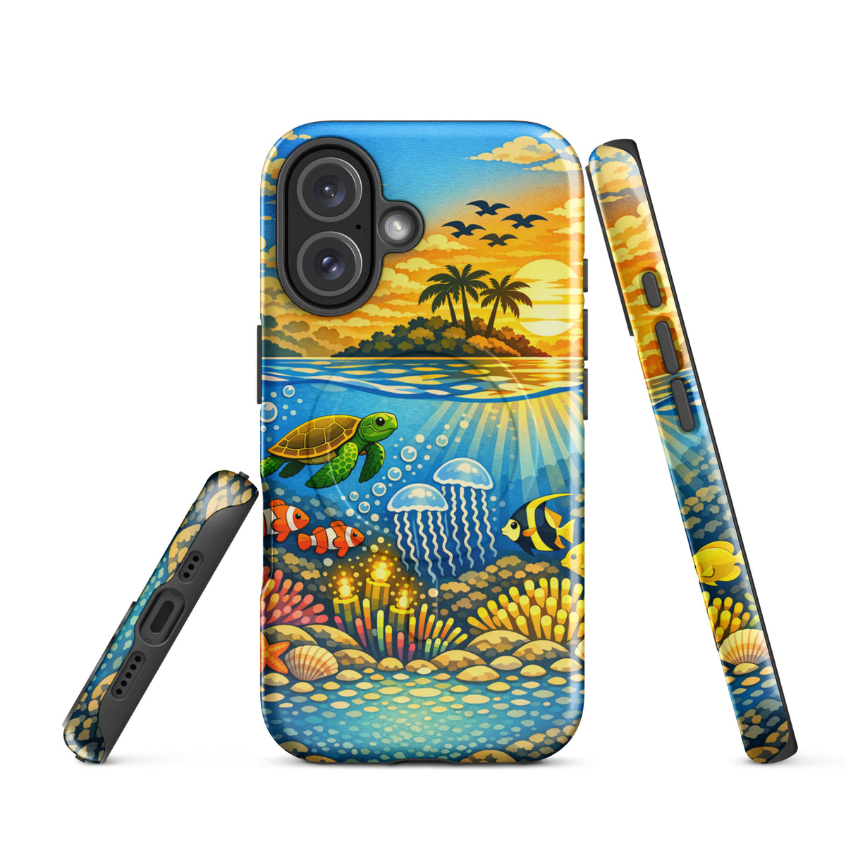 Magnetic Phone Case for iPhone with tropical sunset and underwater reef scene featuring sea turtles, clownfish, and vibrant coral.