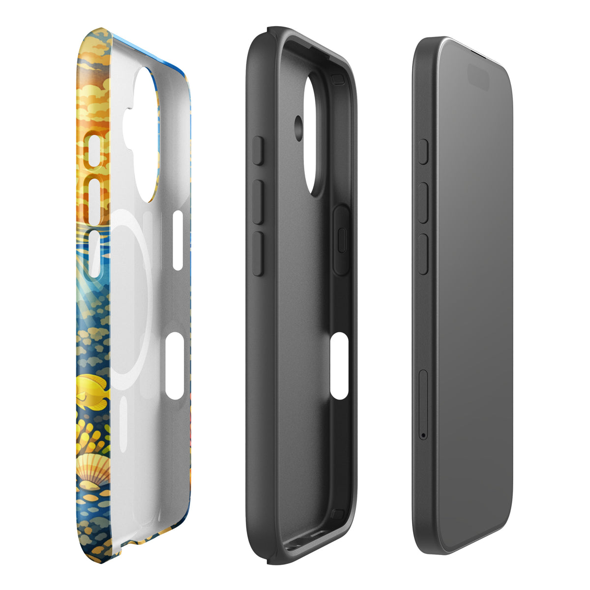 Magnetic Phone Case for iPhone featuring tropical sunset and underwater reef design with sea turtles and clownfish.
