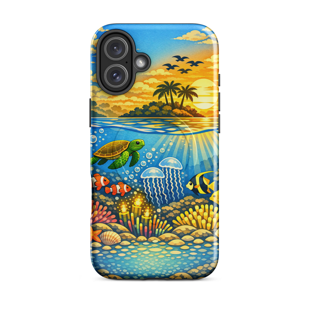 Magnetic Phone Case for iPhone with tropical sunset and underwater reef design featuring turtles, clownfish, and coral.