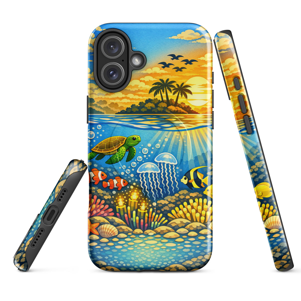 Magnetic Phone Case with tropical sunset and underwater reef scene featuring sea turtles, clownfish, and coral for iPhone.