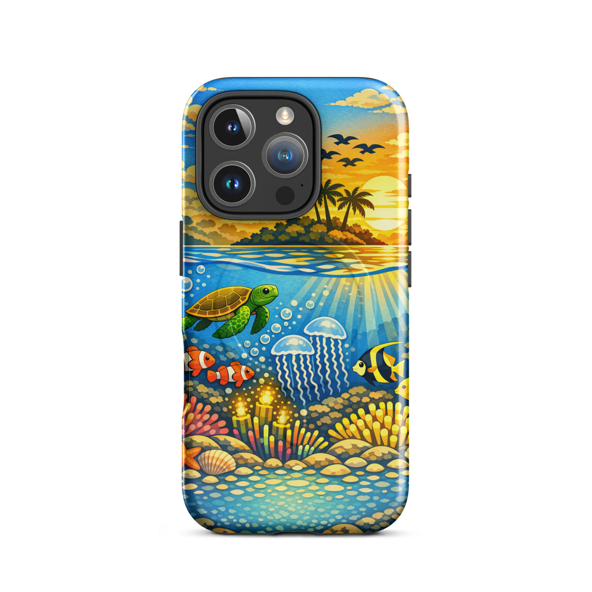 Magnetic Phone Case with tropical sunset and underwater reef design featuring sea turtles, clownfish, jellyfish, and coral for iPhone.