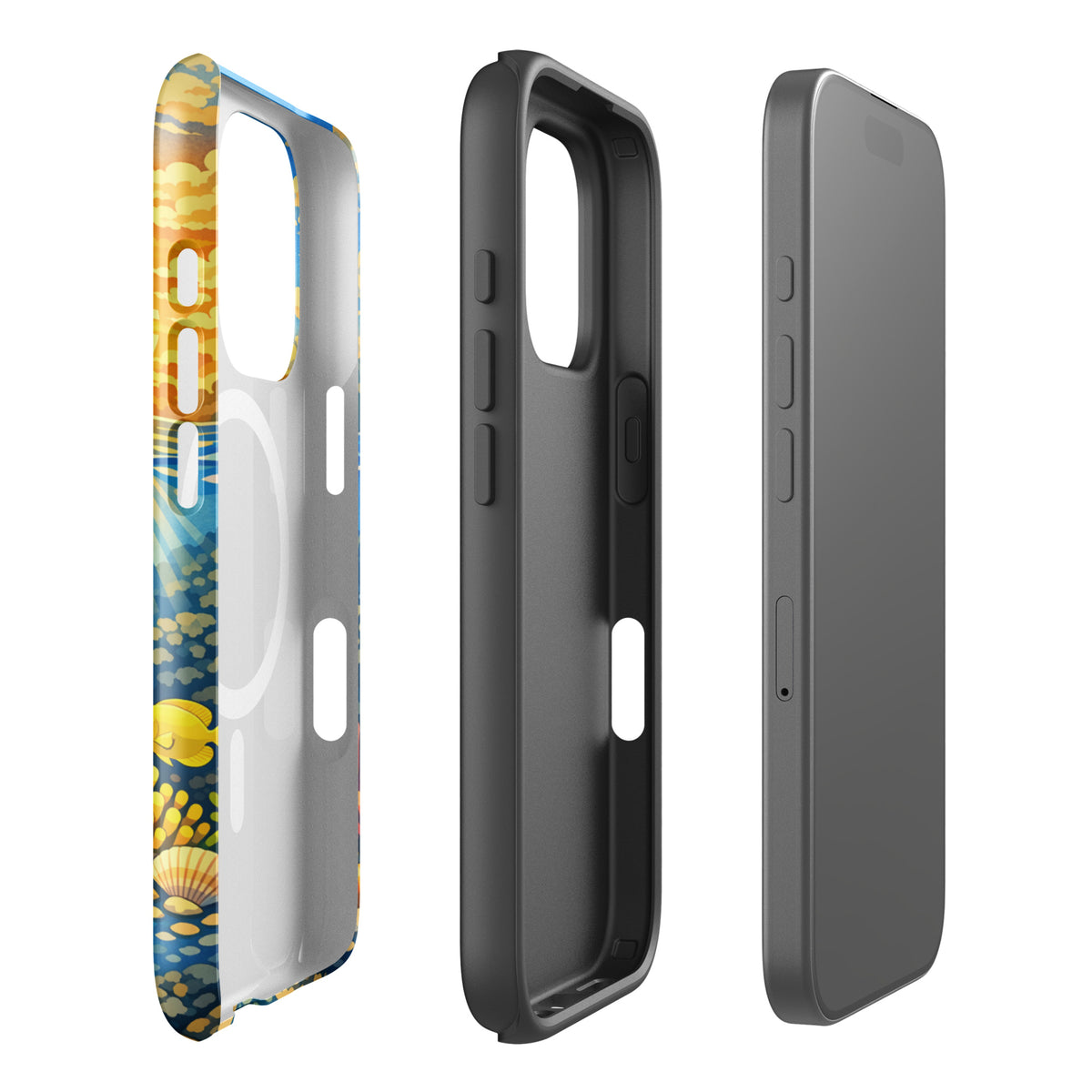 Magnetic Phone Case for iPhone with tropical sunset and underwater reef design, featuring vibrant marine life like sea turtles and coral.