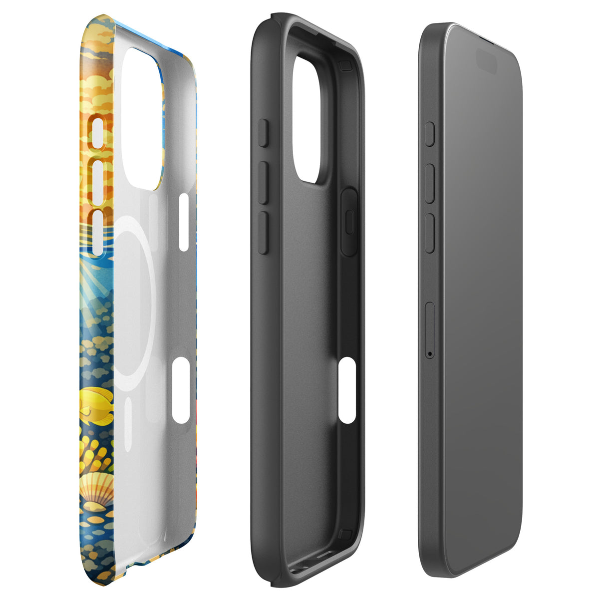 Magnetic Phone Case for iPhone featuring tropical sunset and underwater reef with sea turtles and coral.
