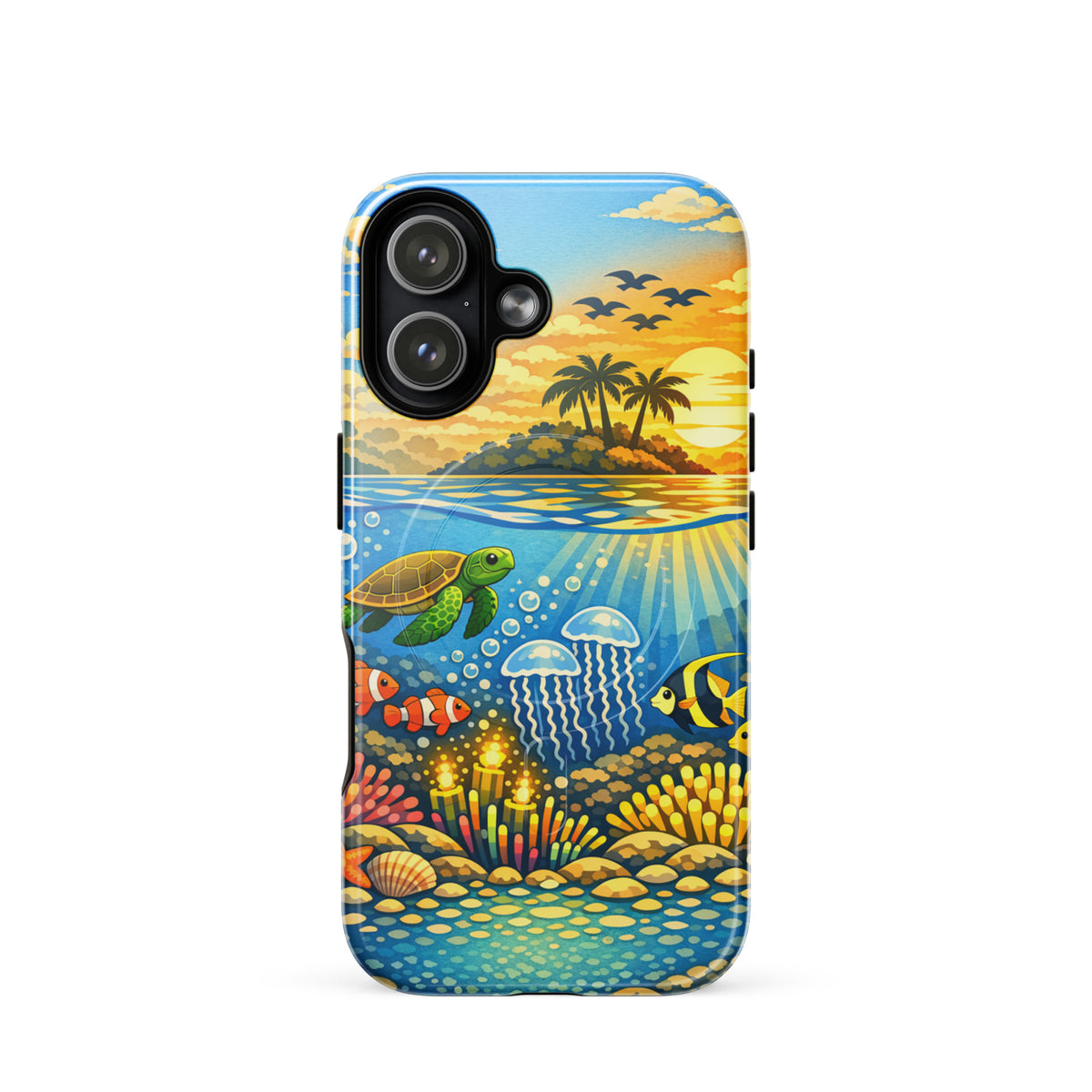 Magnetic Phone Case with tropical sunset, palm island, and underwater reef with sea turtles, clownfish, jellyfish, and coral.