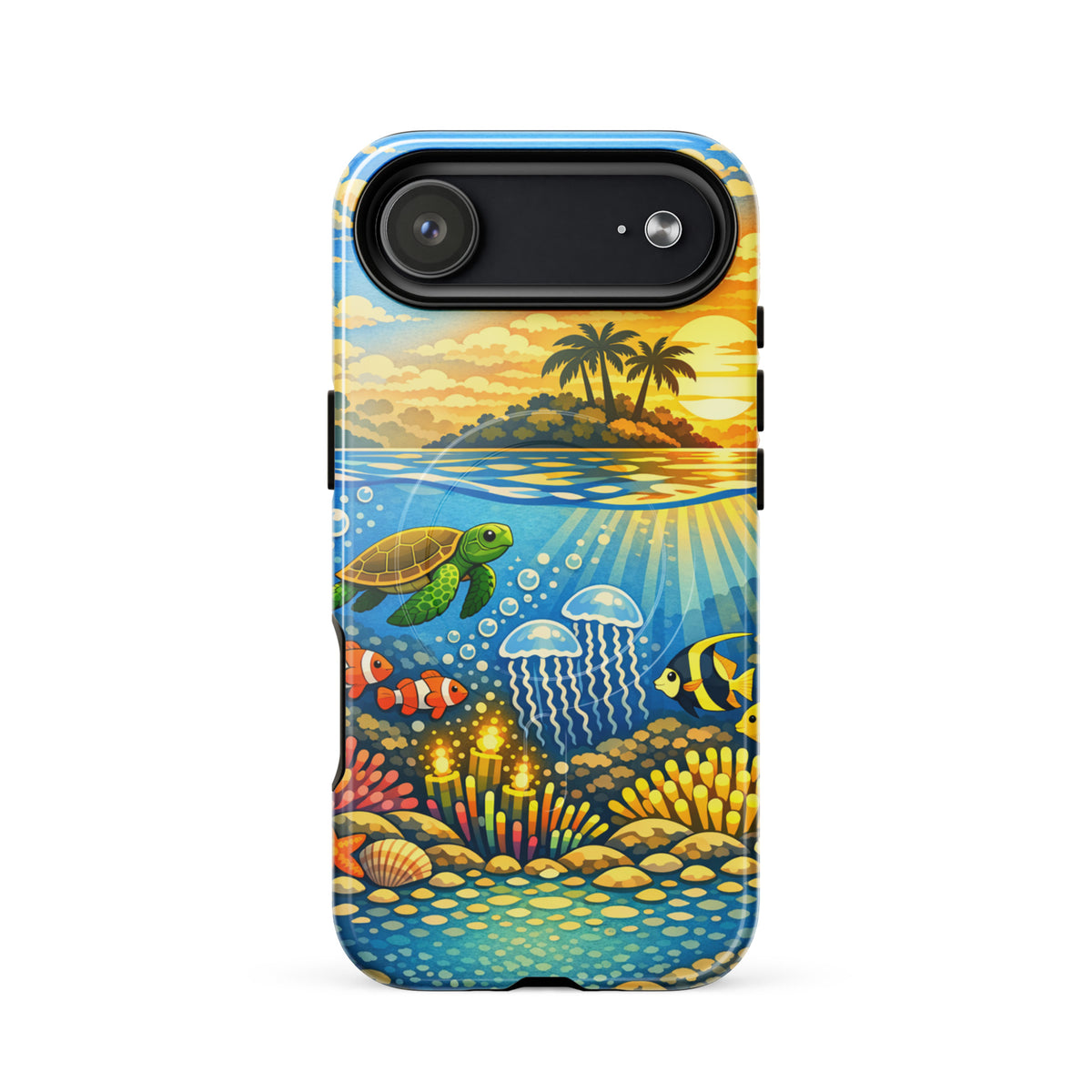 Magnetic Phone Case with tropical sunset and underwater reef design for iPhone, featuring sea turtles, clownfish, jellyfish, and coral.