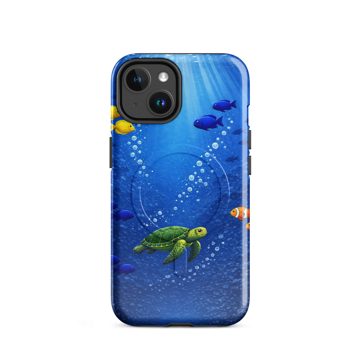 Magnetic Phone Case for iPhone with sea turtle and tropical fish design, showcasing underwater elegance and dual-layer protection.