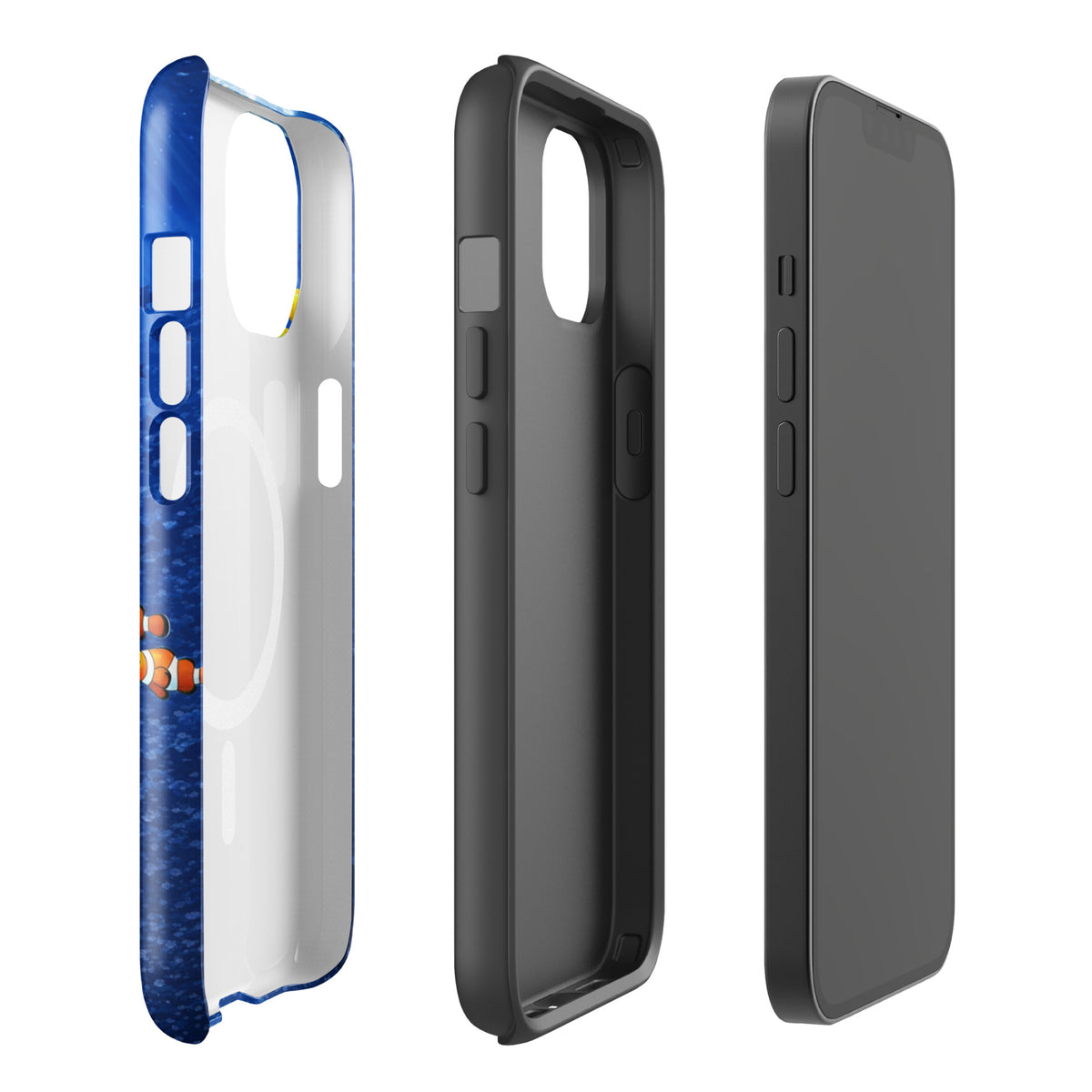 Magnetic Phone Case for iPhone with sea turtle design, showcasing three-layer protection, side views displayed.