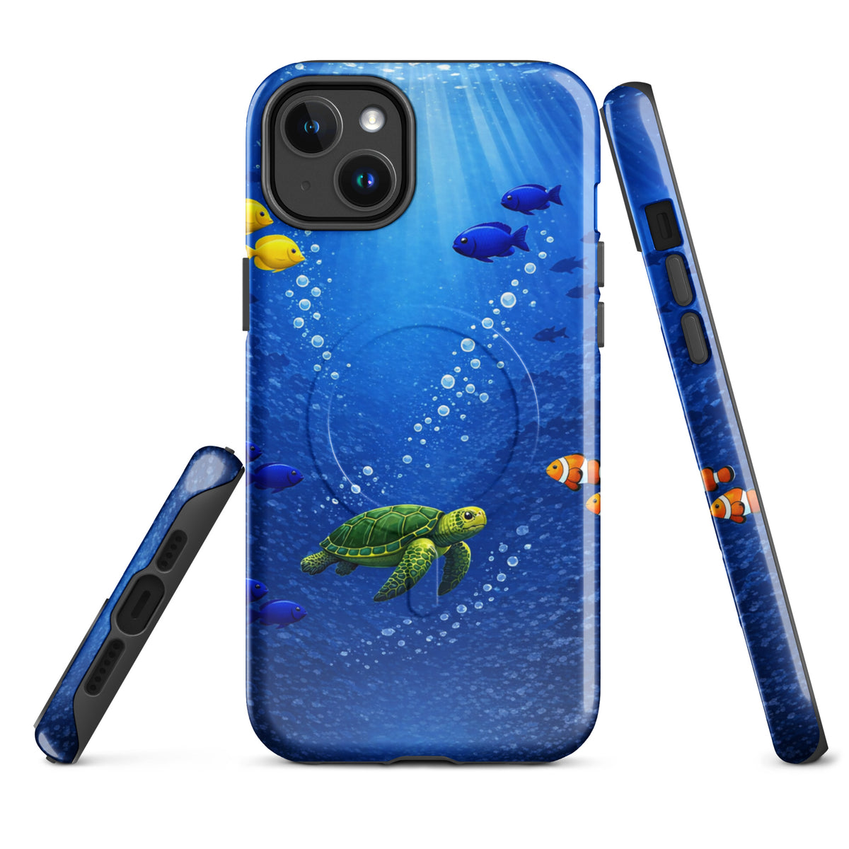 Magnetic Phone Case for iPhone with sea turtle and reef design, offering dual-layer protection and underwater elegance.