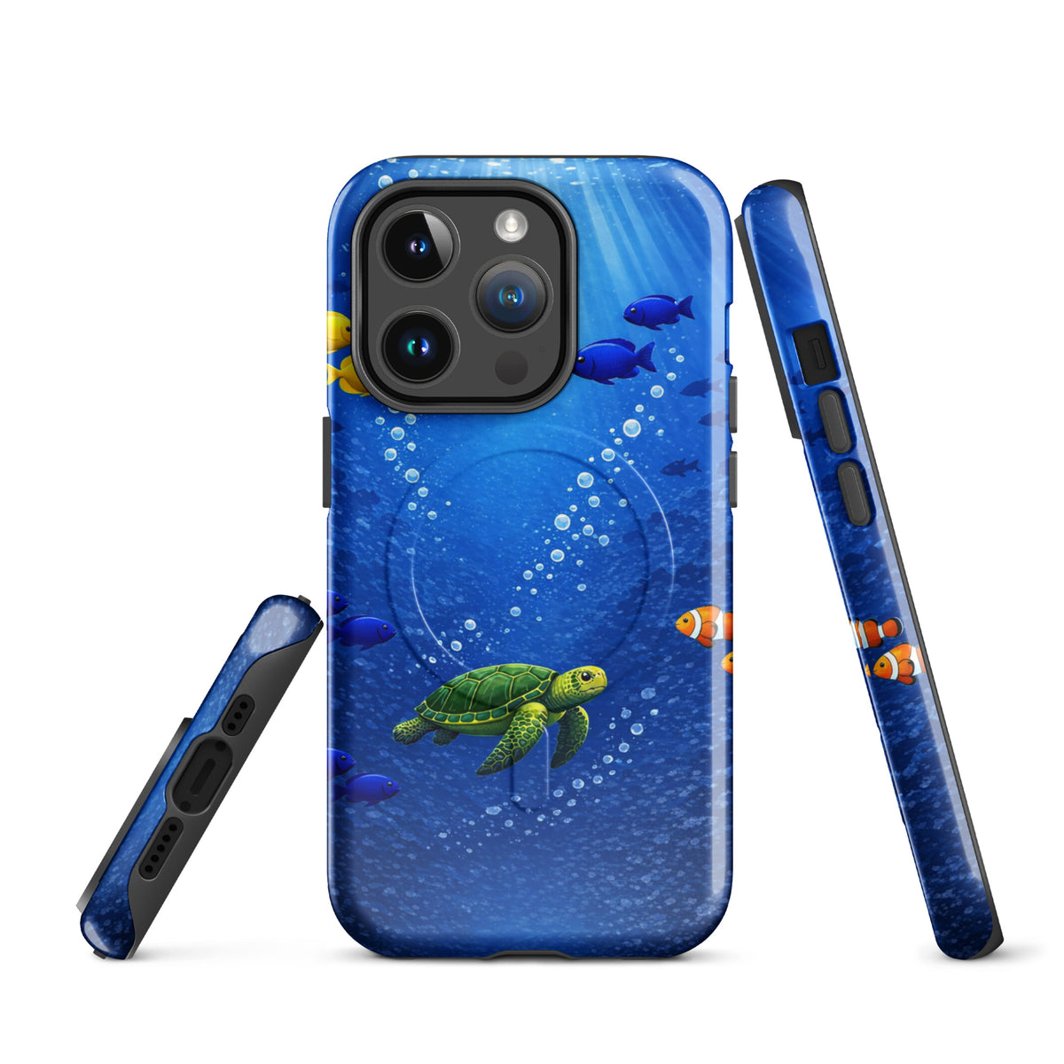 Magnetic Phone Case for iPhone with sea turtle design in deep blue ocean theme, featuring vibrant tropical fish and dual-layer protection.