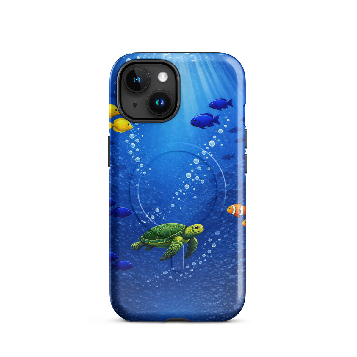 Magnetic Phone Case for iPhone featuring sea turtle and tropical fish in deep blue ocean design, offering dual-layer protection.