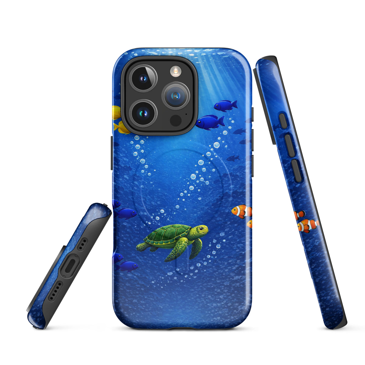 Magnetic Phone Case for iPhone with sea turtle and tropical fish design in deep blue, showcasing underwater elegance and dual-layer protection.
