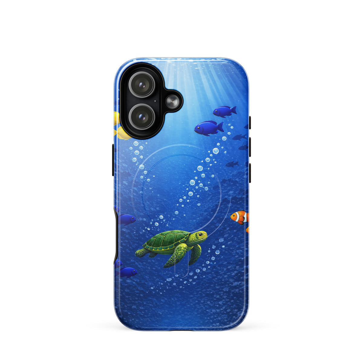Magnetic Phone Case for iPhone featuring a sea turtle and vibrant fish design against a deep blue ocean background.