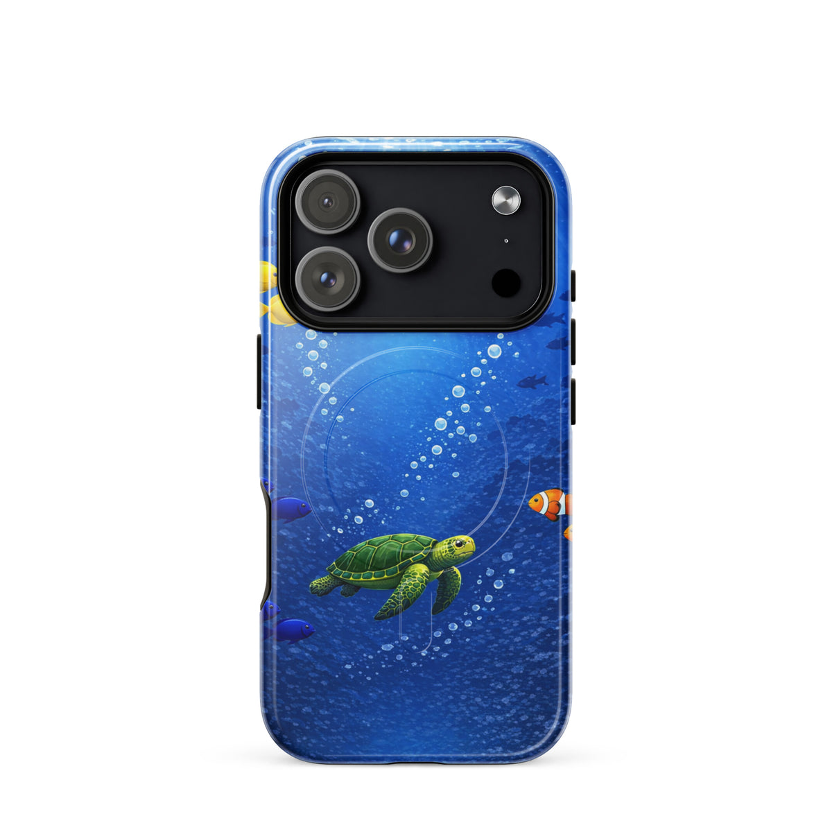 Magnetic Phone Case for iPhone with sea turtle and tropical fish design in deep blue, offering stylish dual-layer protection.