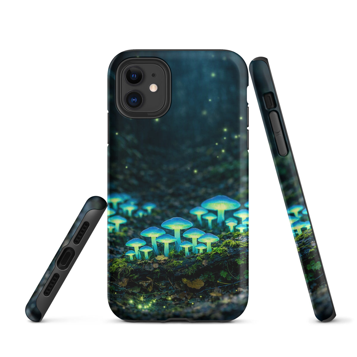 Phone Case with glowing forest mushrooms, featuring ethereal blue-green bioluminescent design for iPhone.