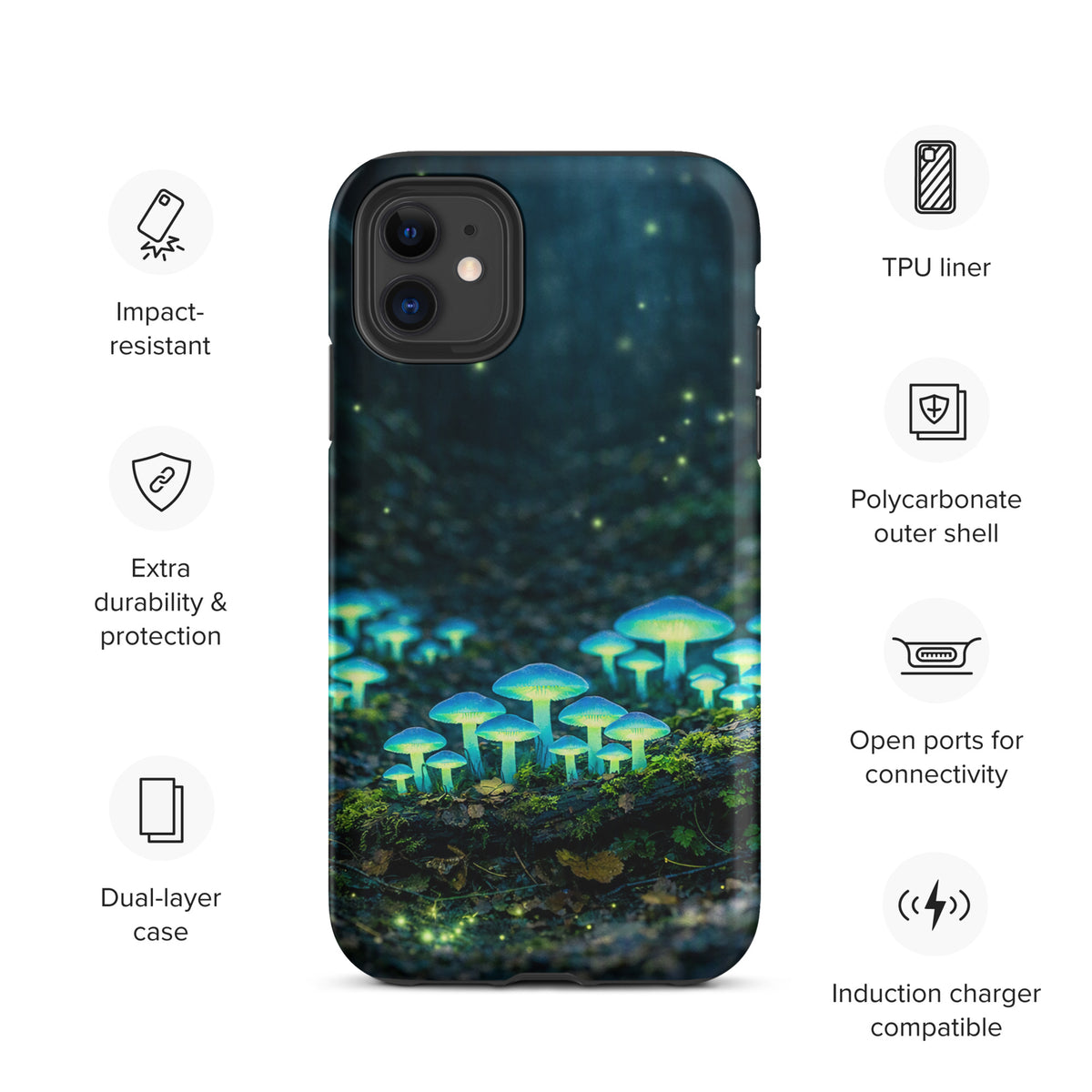 Phone Case with glowing forest mushrooms and ethereal blue-green glow for magical woodland lovers. Durable and induction compatible.
