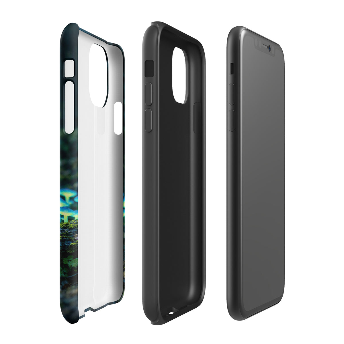 Phone Case for iPhone featuring glowing forest mushrooms with bioluminescent blue-green light; magical woodland design.