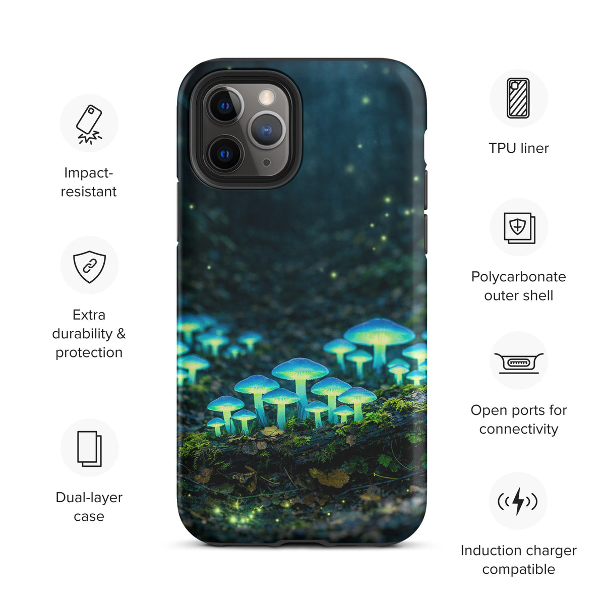 Phone Case featuring glowing forest mushrooms design with bioluminescent blue-green effect, highlighting durability and functionality.