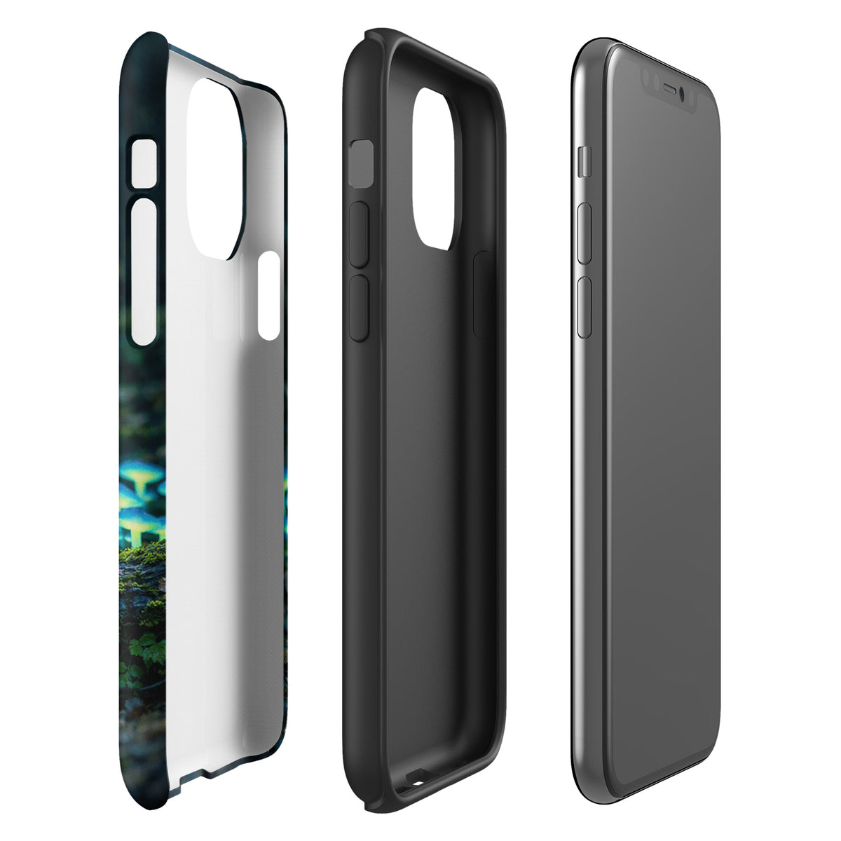 Phone Case for iPhone with glowing forest mushrooms in blue-green hues on display, showcasing magical bioluminescent design.