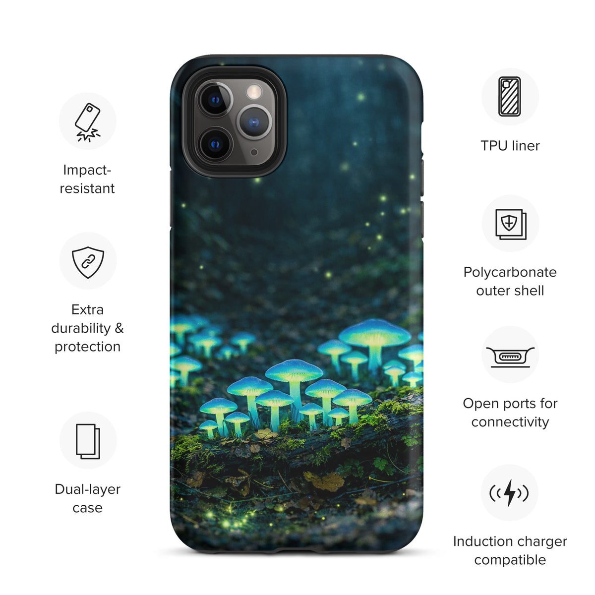 Phone Case for iPhone with glowing forest mushrooms, featuring bioluminescent blue-green fungi design for a magical look.