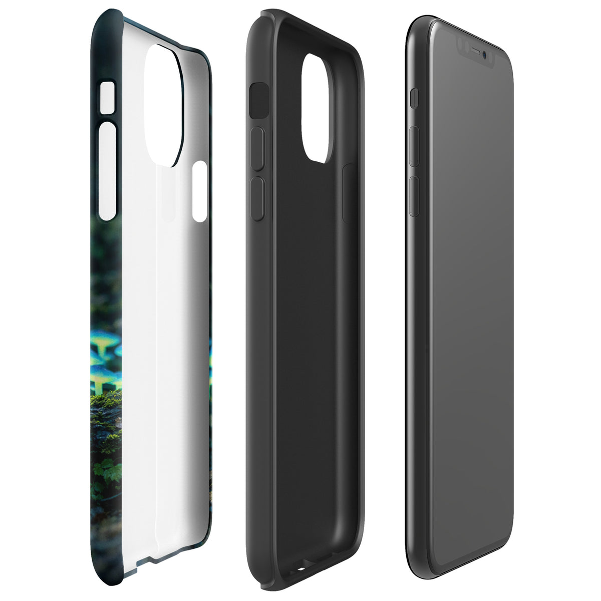Phone Case for iPhone with glowing forest mushrooms, showing detailed bioluminescent design on protective cover.