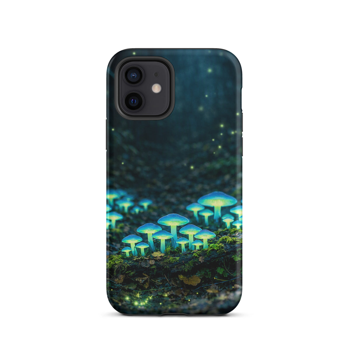 Phone Case for iPhone with glowing forest mushrooms and ethereal blue-green bioluminescent design on a dark woodland background.