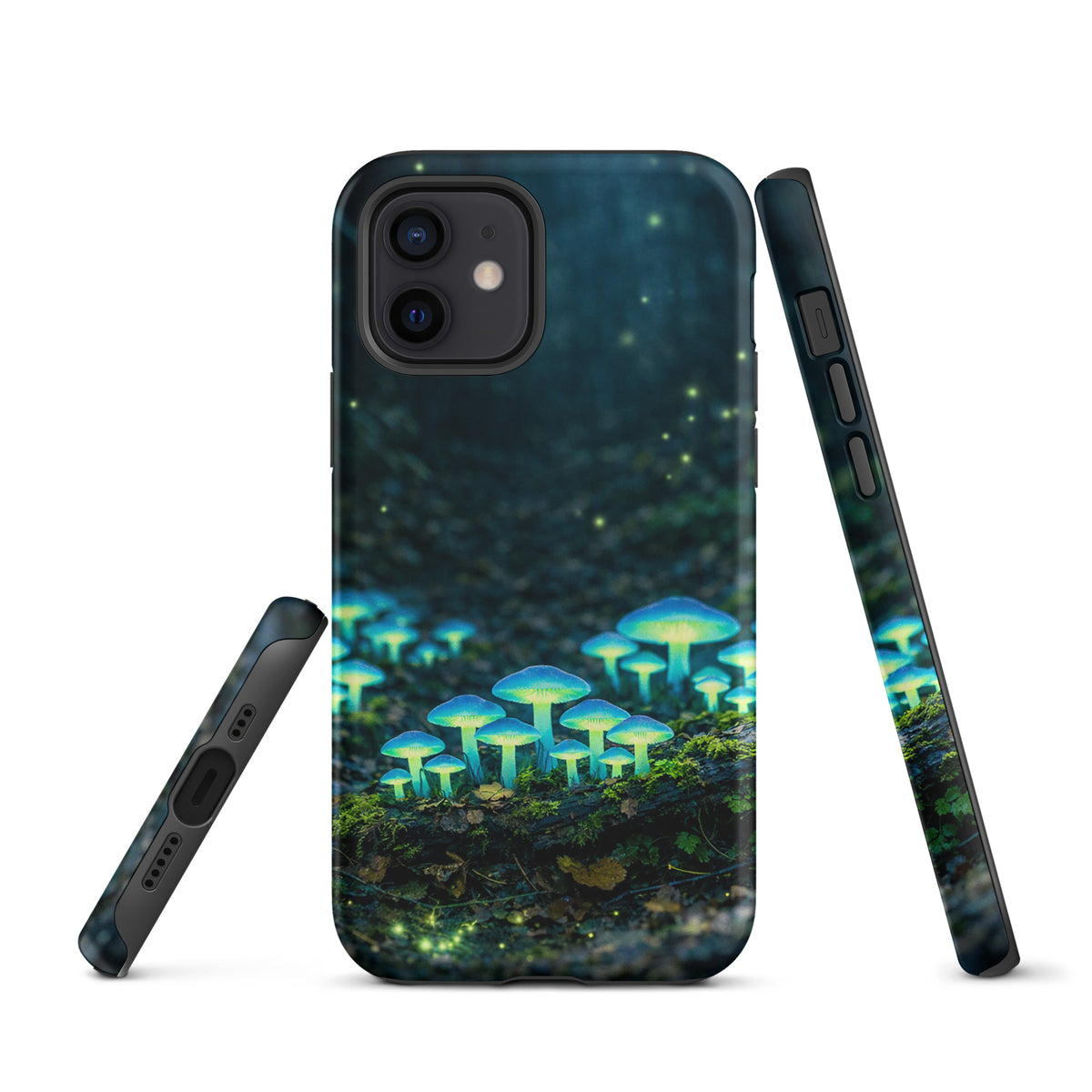 Phone Case for iPhone with glowing forest mushrooms, featuring bioluminescent design in blue-green, creating a misty woodland scene.