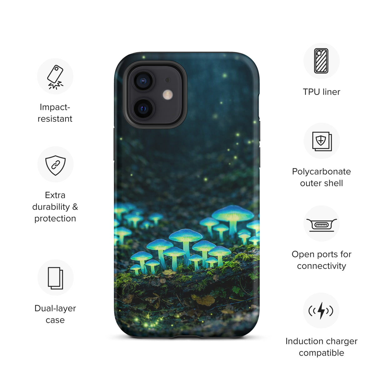 Phone Case for iPhone with glowing forest mushrooms in ethereal blue-green. Impact-resistant, durable, TPU liner, dual-layer protection.