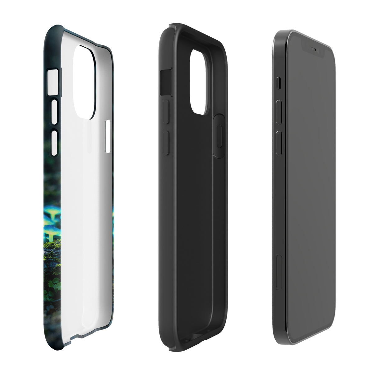 Phone Case for iPhone featuring glowing forest mushrooms with ethereal blue-green glow, showcasing a magical woodland design.