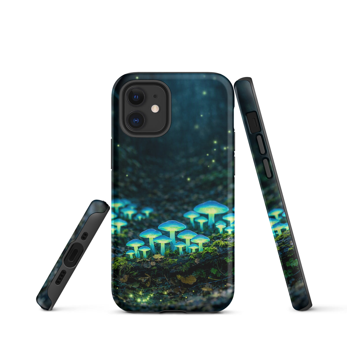 Phone Case with glowing forest mushrooms, ethereal blue-green bioluminescent design for iPhone, mystical woodland scene on case