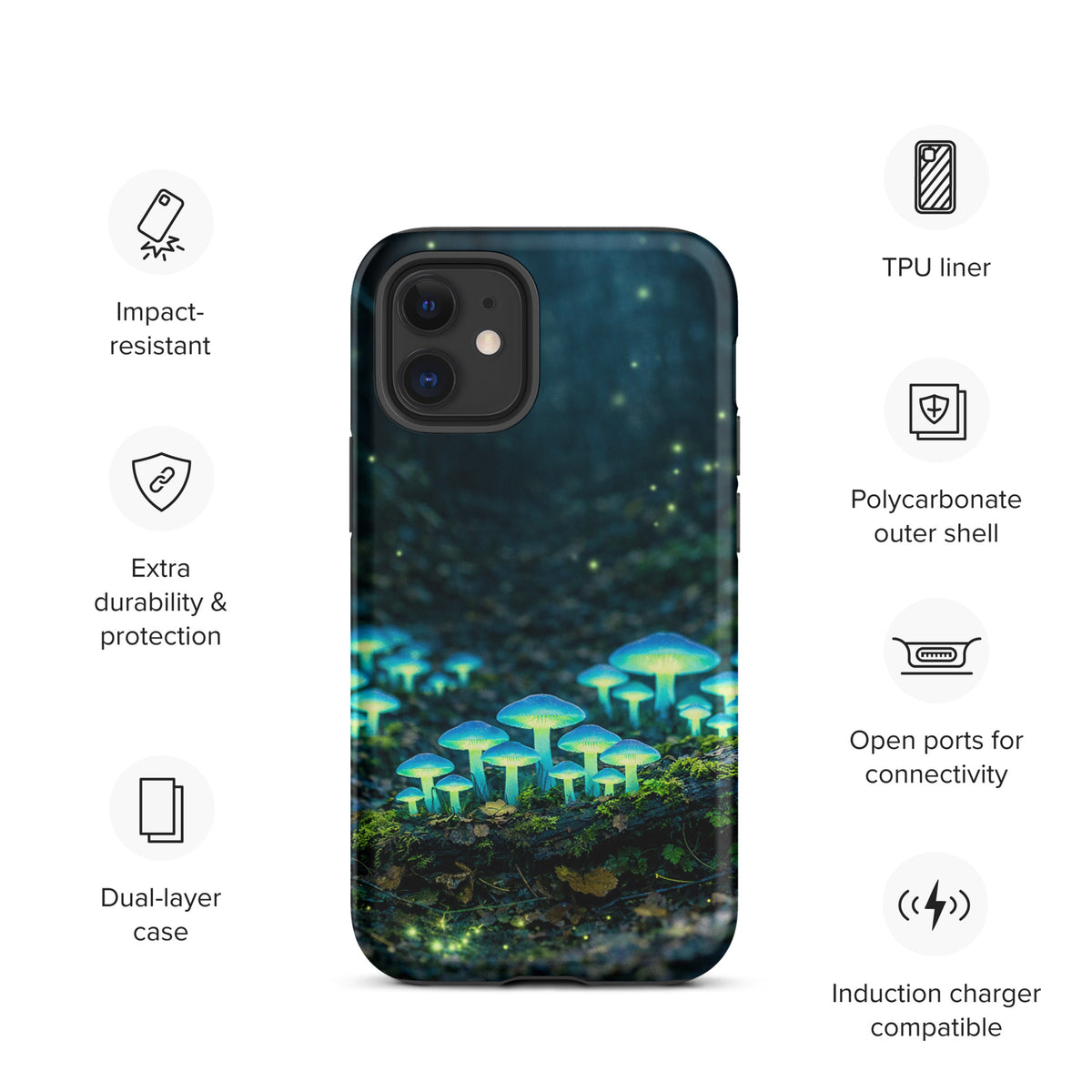 Phone Case for iPhone with glowing forest mushrooms design showcasing bioluminescent effect and woodland scene.